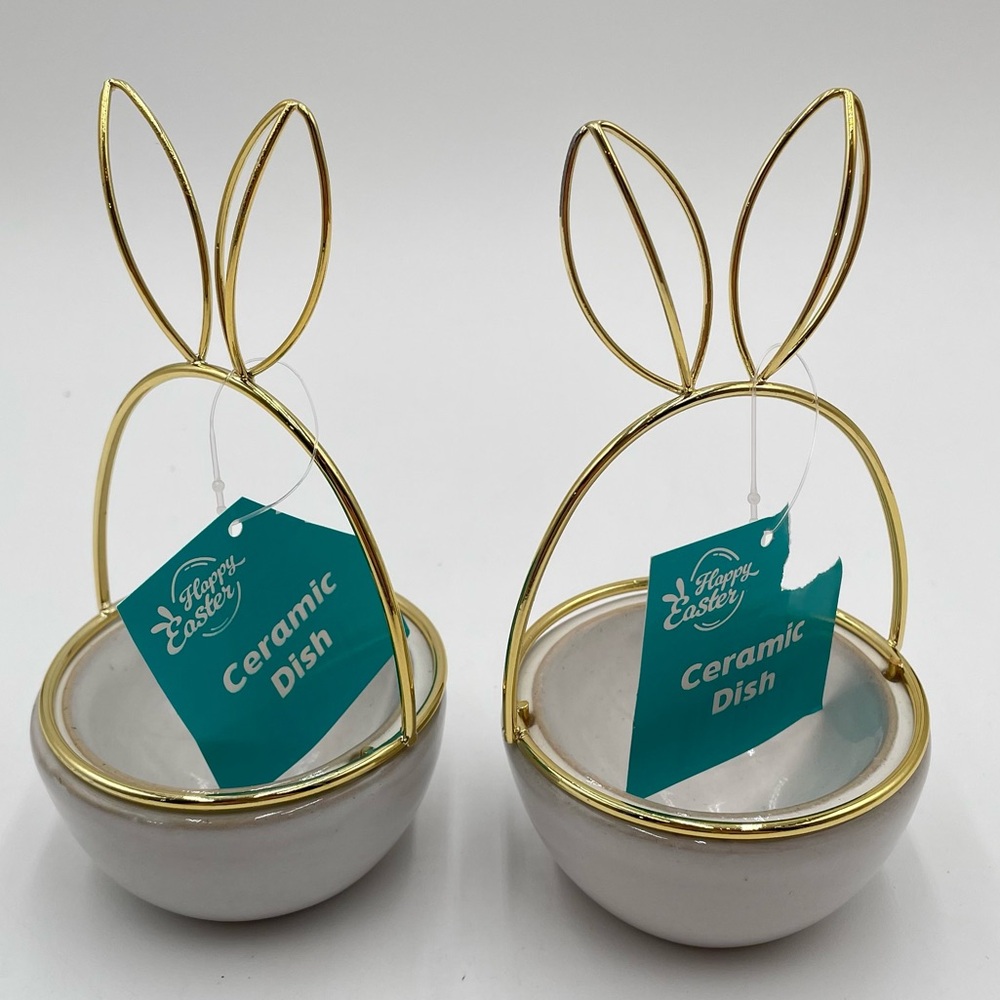 2 Ceramic Bunny Dishes Gold Toned Wired Rabbit Ears